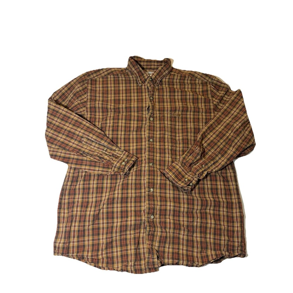 Carhartt Plaid Button Up Shirt Men Large Brown Orange Long Sleeve Workwear